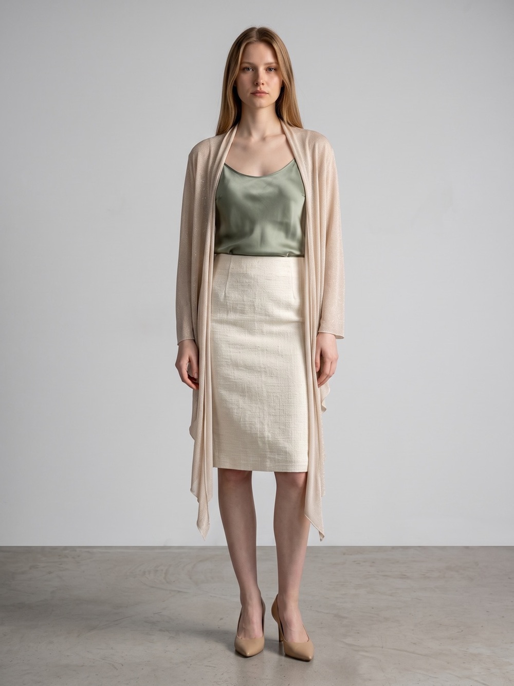 Jessica Howard Pale Pink Long Open Cardigan with Cream Layering